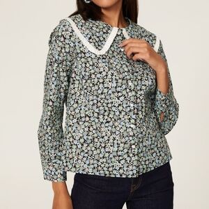 Maje City‎ Peter Pan Collared Floral Ruffle Top Women's 2 Cotton Long Sleeve EUC